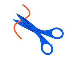 Hand drawn cute cartoon illustration of scissors cut red ribbon. Flat open ceremony in doodle style. Launch business event icon or sticker. Start celebration symbol. New startup sign. Isolated. vector