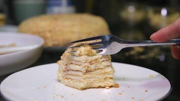 honey cake eat with a fork Medovik cake cut off a small piece structure cream thin layers custard from eggs and milk homemade cooking holiday video