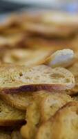 Production of crackers at the factory. Finely chopped crackers on conveyor belt. Finely chopped white bread crackers with a golden crust. video