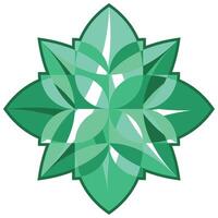Jade green mandala, chakra symbol. Mysterious four-leaf flower. Shiny precious flower bud with petals pattern, top view, decorative element. Geometry chevron emerald ornament vector