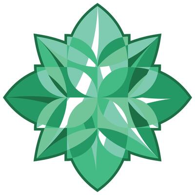 Jade green mandala, chakra symbol. Mysterious four-leaf flower. Shiny precious flower bud with petals pattern, top view, decorative element. Geometry chevron emerald ornament