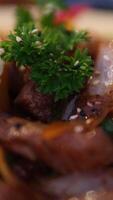 Appetizing dish of healthy Asian cuisine, featuring a serving of rice, vegetables, and tender beef on a plate. Perfect for diet and nutrition concepts. video