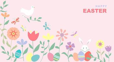Banner of Happy Easter, hand drawn flat design with flowers, eggs, dove of peace and bunnies, in pastel colors style. illustration on pink modern background with copy space vector
