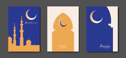 Ramadan Mubarak set colorful card A4. holiday posters with text, islamic symbol, crescent moon and window mosque vector