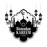 Elegant Black and White Ramadan Kareem Design with Mosque and Lanterns vector