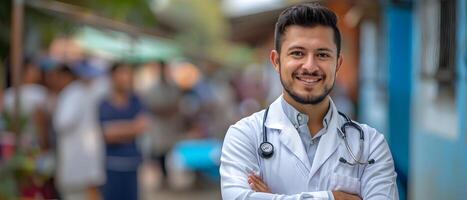 A man in a white coat is smiling and standing in front of a building photo