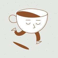 Running sleepy cup of coffee drawing in cartoon flat line style on beige vector