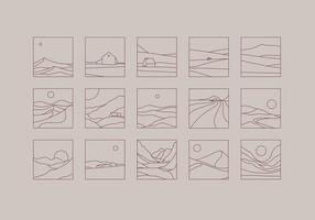 Mountain silhouettes icon set drawing in linear art style on brown background vector