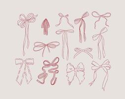 Ribbon bows hand drawn sketch drawing with red on light background vector