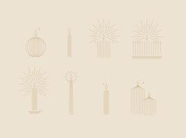 Candle set different forms and shapes drawing in art deco style on beige background vector