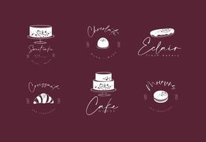 Confectionery sweet labels cake, candy, eclair, croissant, macarons with text drawing on red background vector