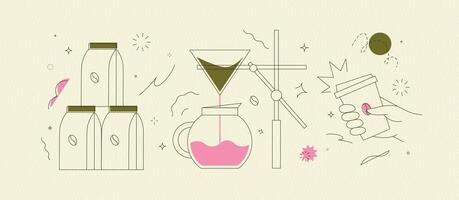 Coffee maker, pack, take away cup symbols drawing in modern linear art style on light yellow background vector