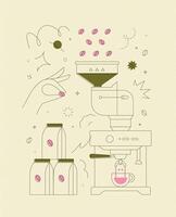 Coffee bean container coffee machine symbols drawing in modern linear art style on light yellow background vector