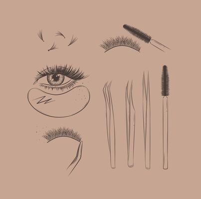 Lashes treatment studio tools collection drawing with black on brown background