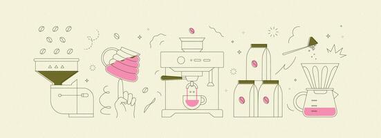 Coffee mill, cup, machine, pack, maker symbols drawing in modern linear art style on light yellow background vector