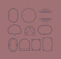 Art deco frames drawing in linear style on coral bg. vector