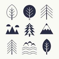 Nature Icons Minimalist Tree, Leaf, Mountain, and Wave Designs vector