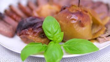 goose with apples duck Eating freshly prepared duck breast with glazed apples. video
