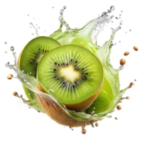 A Bright kiwi Splash Swirling Around Sliced is isolated on transparent background png