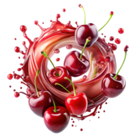 A Bright cherry Splash Swirling Around Sliced is isolated on transparent background png