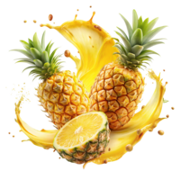 A Bright pineapple Splash Swirling Around Sliced is isolated on transparent background png