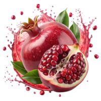 A Bright Pomegranate Splash Swirling Around Sliced is isolated on transparent background png