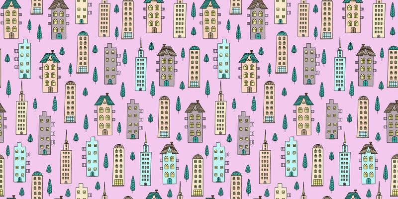 Hand drawn cartoon city, trees pattern. Architecture, construction. Cute colorful old houses, Street. Drawing, doodle. Repeating background for decor textiles, wallpaper.