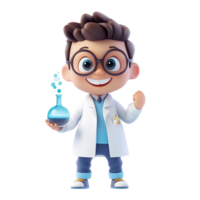 A Happy Boy Scientist Holds a Beaker of Blue Liquid Isolated on Transparent Background png