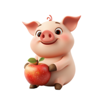 Happy cartoon pig holding a red apple Isolated on Transparent Background png