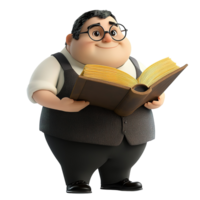 A cheerful cartoon man reads a large golden book, Isolated on Transparent Background png