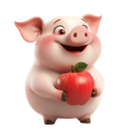 Happy cartoon pig holding a red apple, Isolated on Transparent Background png