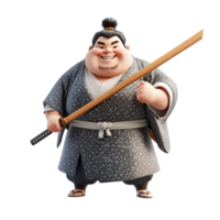 A cheerful chubby samurai holds a wooden katana, Isolated on Transparent Background png
