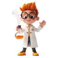 A Cartoon Scientist Boy Holds a Beaker of Orange Liquid Isolated on Transparent Background png