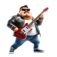 A chubby rocker plays a red electric guitar, Isolated on Transparent Background png