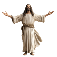 A digital rendering of Jesus Christ with arms outstretched isolated on transparent background png