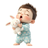 Adorable Toddler Yawning While Holding a White Rabbit Toy Isolated on Transparent Background png