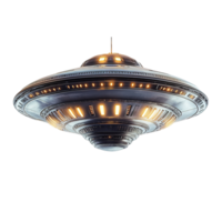 A futuristic disc shaped spaceship floats in darkness, Isolated on Transparent Background png