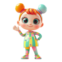 A cheerful cartoon girl waves hello in colorful attire, Isolated on Transparent Background png