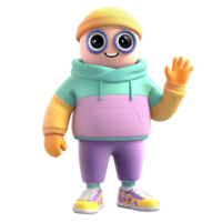 A cheerful cartoon character waves hello wearing colorful winter clothes, Isolated on Transparent Background png