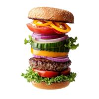 A vertically stacked gourmet burger with various vegetables, Isolated on Transparent Background png