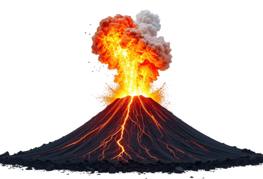 vulkanisk utbrott exploderande lava flöden från berg isolerat på transparent bakgrund png