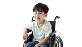 Young boy sitting in a wheelchair on a black background, thoughtful expression portrait. png