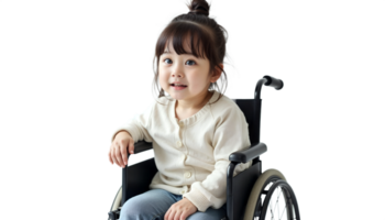 Smiling young girl sitting in a wheelchair on a black background, cheerful portrait. png