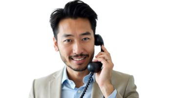 Man in a white shirt smiling and talking on the phone, casual portrait on a black background. png