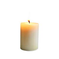 Large lit candle with a bright flame on a black background, warm and peaceful ambiance. png