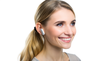 Side profile of a woman smiling with wireless earbuds on a black background, modern technology portrait. png