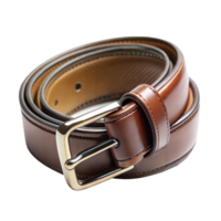 Brown leather belt rolled up on a grey background, fashion accessory portrait. png