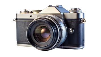 Vintage style digital camera with a lens on a black background, photography technology portrait. png