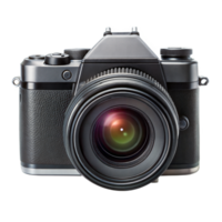 Professional digital camera with a large lens on a black background, photography technology equipment. png