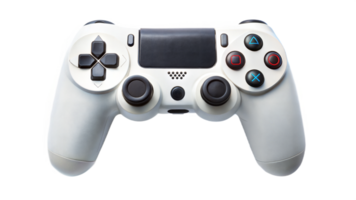 White gaming controller with black buttons on a black background, game technology device. png